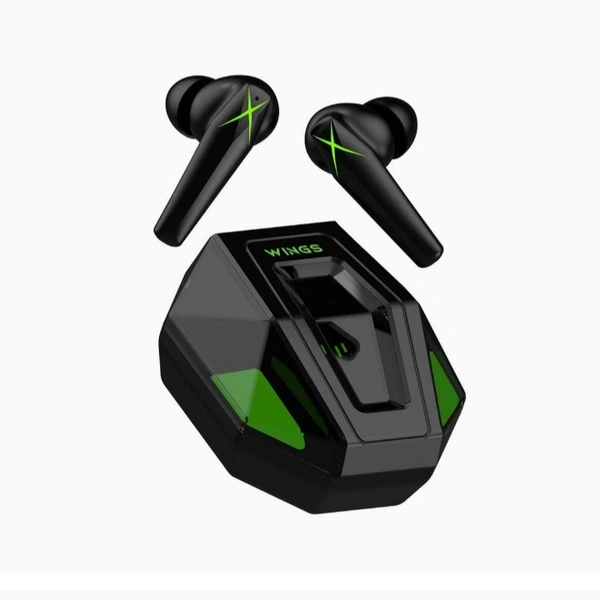 Wings X Fire Wireless Gaming in Ear Earbuds,TWS Headphones with RGB Lights case, 40ms Low Latency, Bluetooth 5.3, 40 Hours Playtime, ENC, 8mm Speaker Size (Black TWS) - Black and Green
