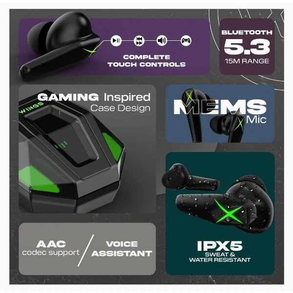 Wings X Fire Wireless Gaming in Ear Earbuds,TWS Headphones with RGB Lights case, 40ms Low Latency, Bluetooth 5.3, 40 Hours Playtime, ENC, 8mm Speaker Size (Black TWS) - Black and Green