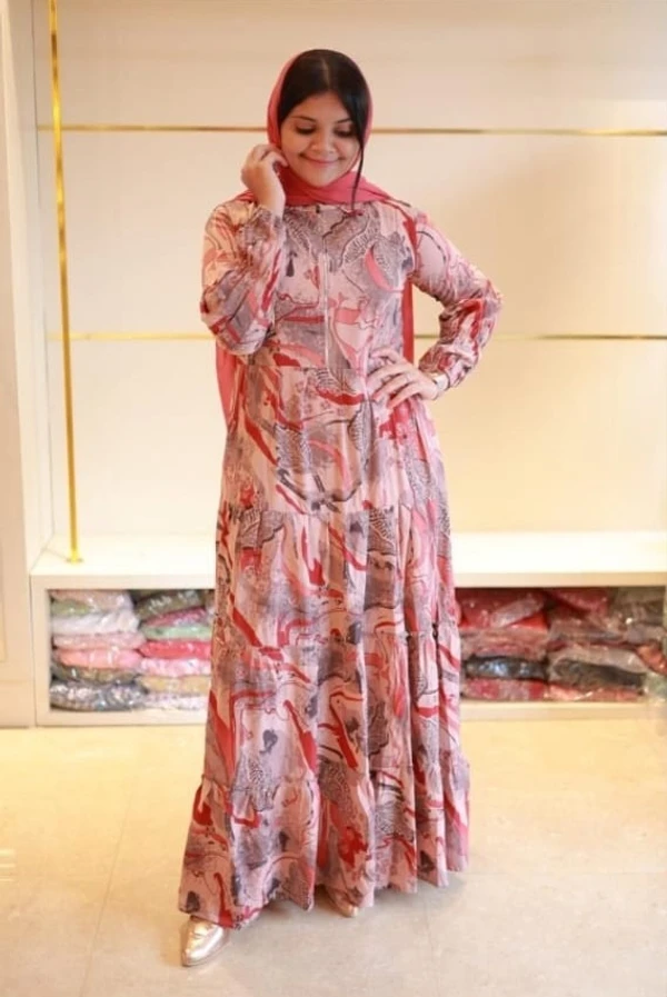Stylish Floral Salmon Patterned Long Sleeve Gown - XL