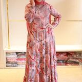 Stylish Floral Salmon Patterned Long Sleeve Gown - M