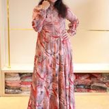 Stylish Floral Salmon Patterned Long Sleeve Gown - L