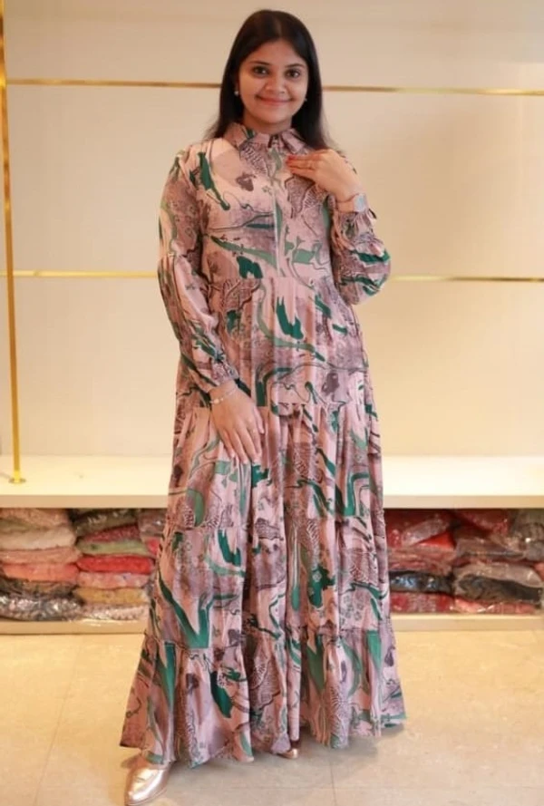 Stylish Floral Salmon Patterned Long Sleeve Gown - S