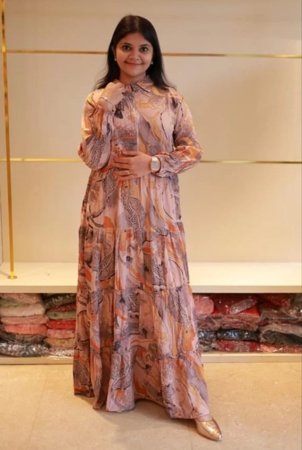 Stylish Floral Salmon Patterned Long Sleeve Gown - XXL