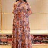 Stylish Floral Salmon Patterned Long Sleeve Gown - M