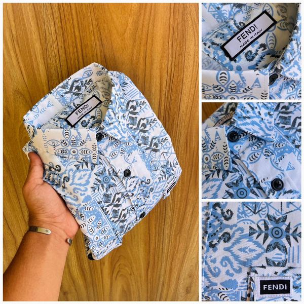 Fendi Italy Fendi Cotton Lycra Printed Double Pocket Shirt - Curious Blue, L
