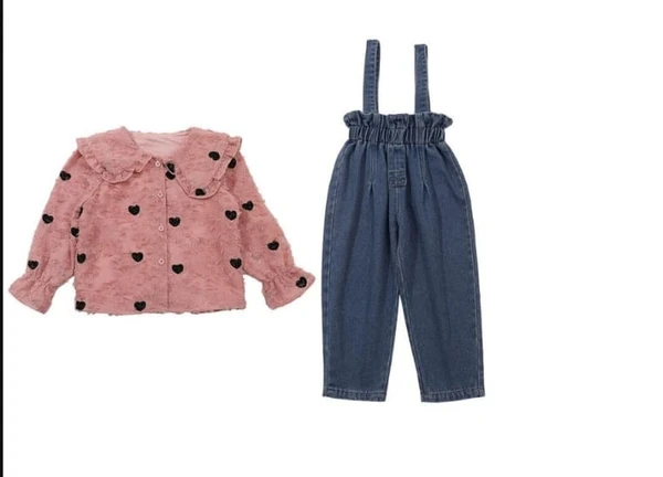 Polka Dot Barasso Shiffon Skirt With Denim Dungree - Pink, 6y