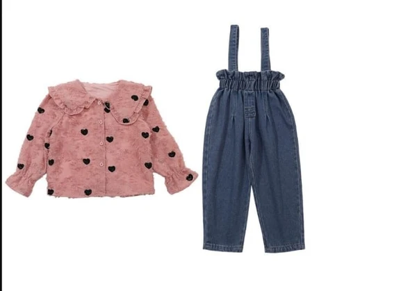 Polka Dot Barasso Shiffon Skirt With Denim Dungree - Pink, 5y