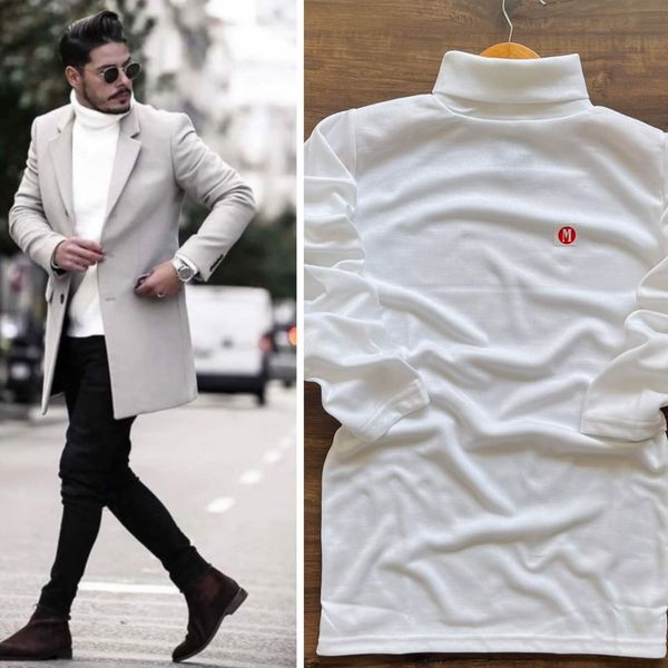 ZARA premium Full Sleeve High Neck T Shirt - White, L