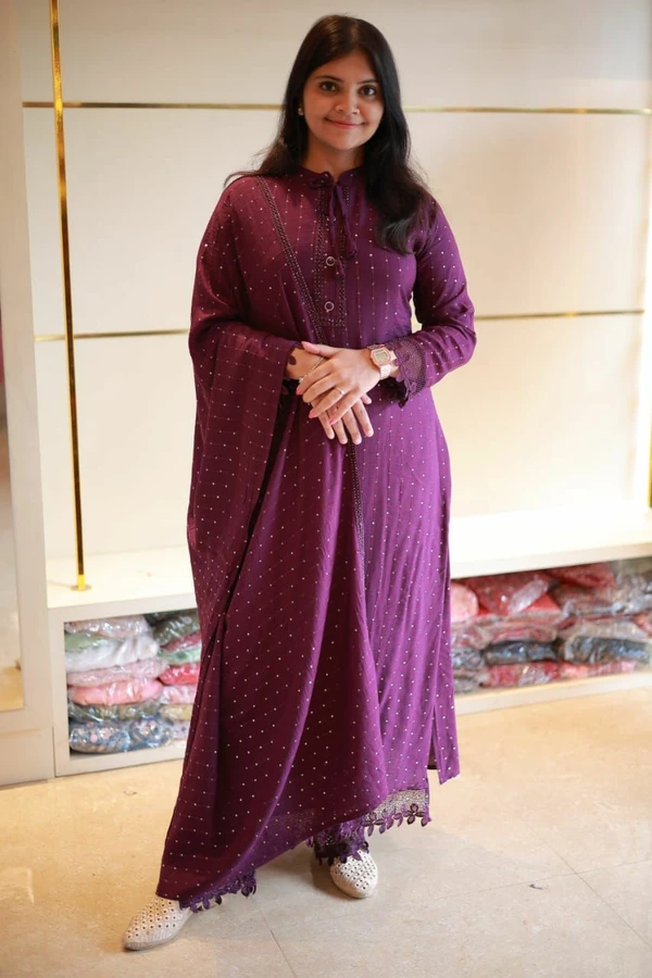 New Stylish Wrinckle Reyon Salwar Set - Purple, L