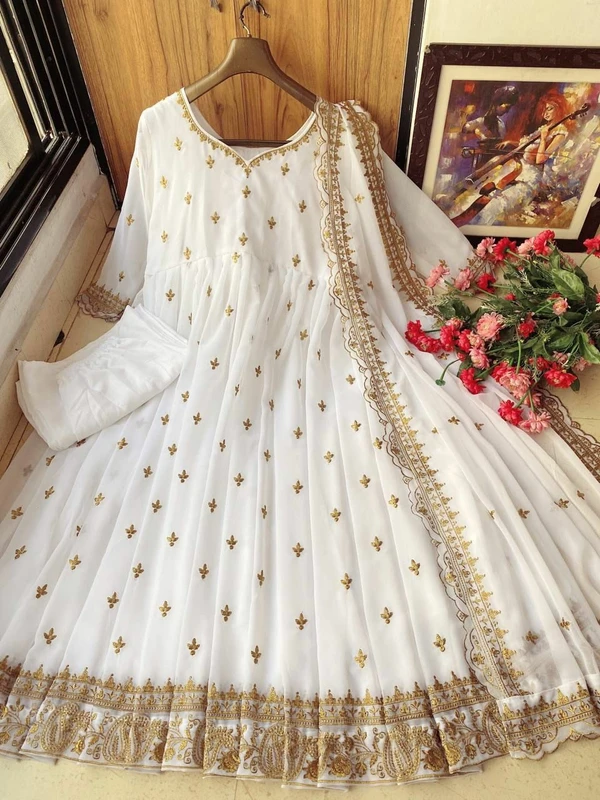 New Designer Embroidered Anarkali Gown - White, 44  . 50 Inch Length