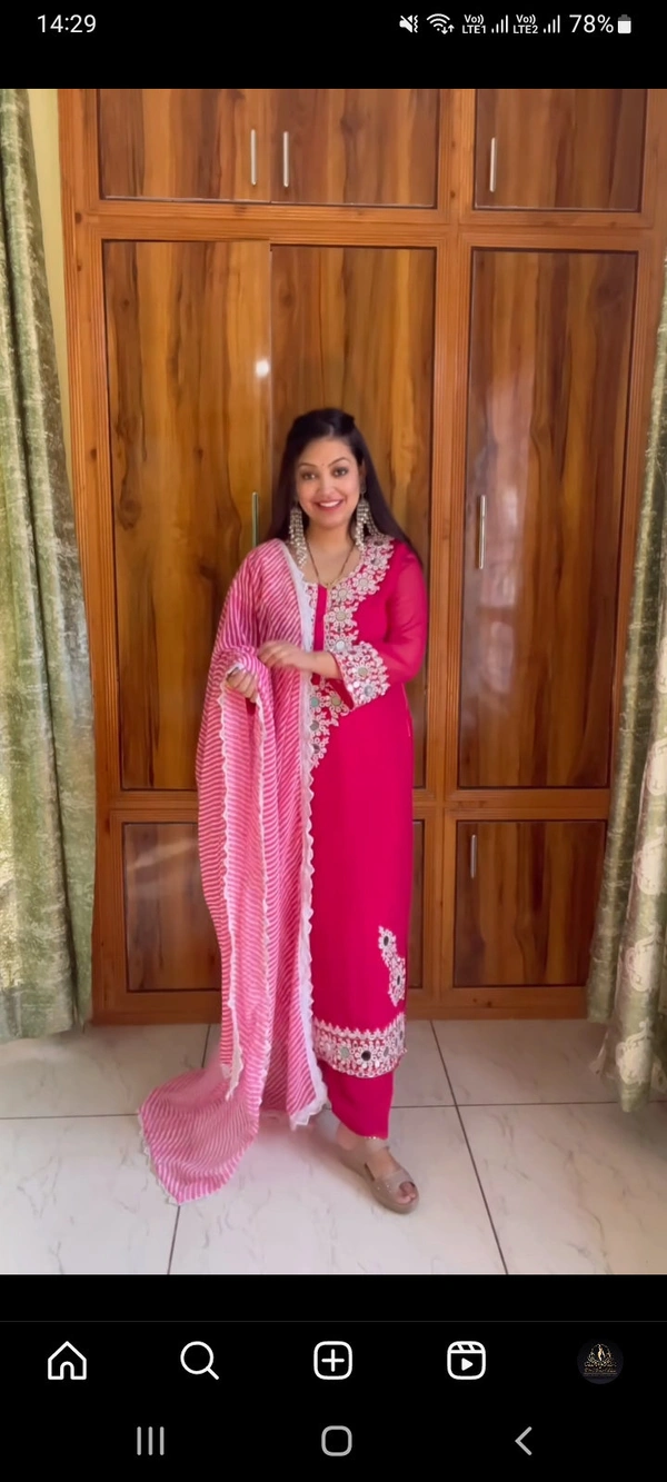 Real Mirror Work Georgette Suit - Rose, Xl