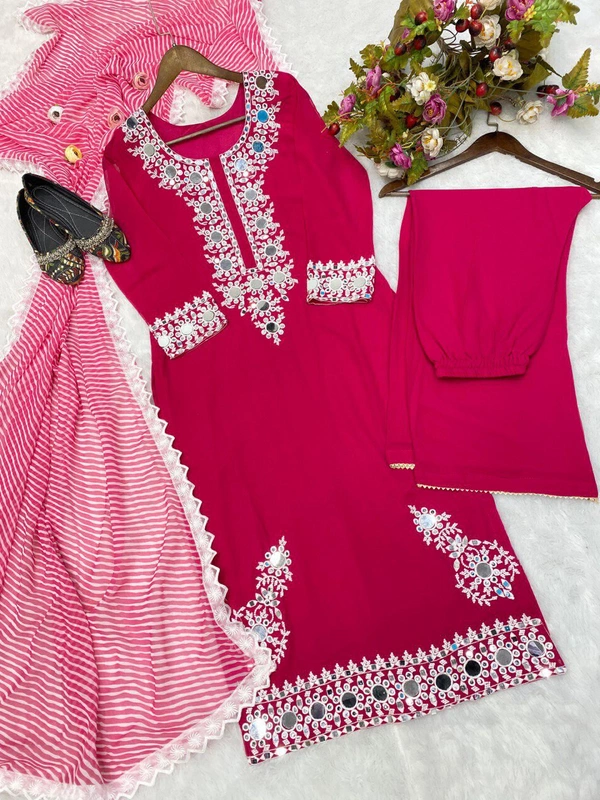Real Mirror Work Georgette Suit - Rose, Xl