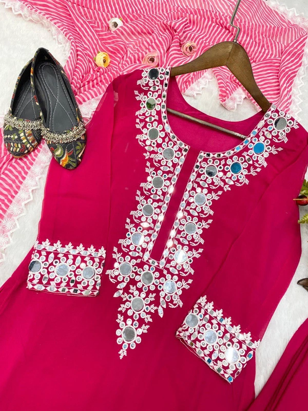 Real Mirror Work Georgette Suit - Rose, Xl