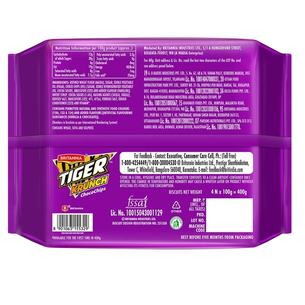 Britannia Tiger Krunch Chocochips Biscuits: - 4X100g