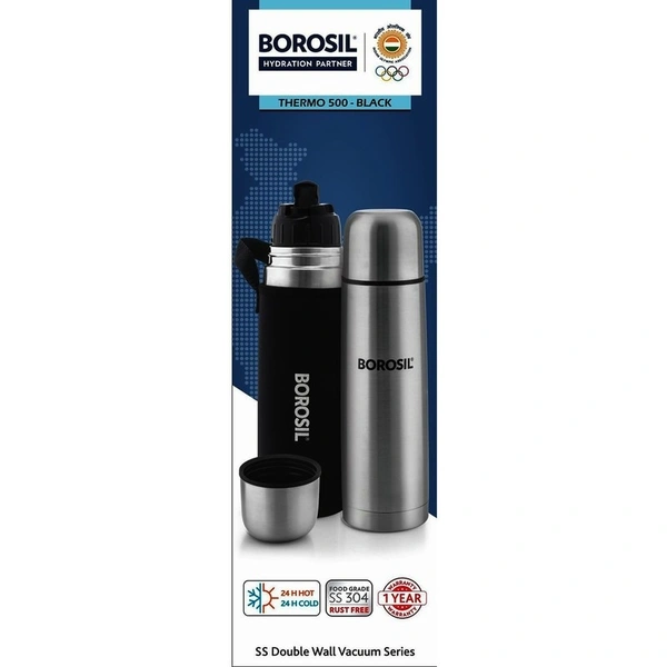 Borosil 500 ml Thermo Black Stainless Steel Bottle 1 N - 500ml , 1N