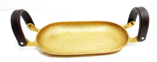 Sold By ZAIN R CREATION Tray Oval with Leather Handles - L.14'' W.6'', Aluminium