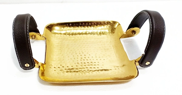 Sold By ZAIN R CREATION Hammered Square Tray with Leather Handles - L.9.5'' W.7'', Aluminium