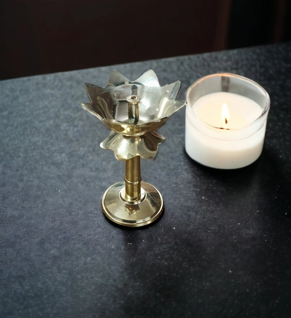 Sold By ZAIN R CREATION Decorative Lotus Diya - H.4.5'' Dia.3'' B.2.5'', Brass