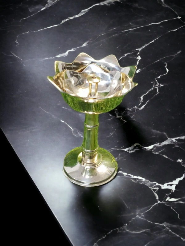 Sold By ZAIN R CREATION Decorative Lotus Stand Diya - H.4.5'' Dia.3'' B.2.5'', Brass