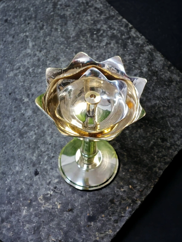 Sold By ZAIN R CREATION Decorative Lotus Stand Diya - H.4.5'' Dia.3'' B.2.5'', Brass