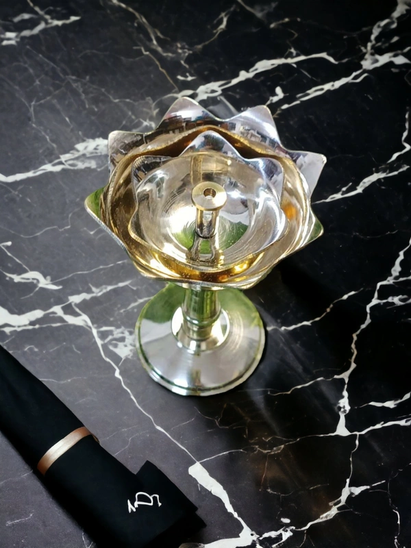 Sold By ZAIN R CREATION Decorative Lotus Stand Diya - H.4.5'' Dia.3'' B.2.5'', Brass