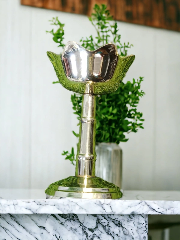 Sold By ZAIN R CREATION Decorative Lotus Stand Diya - H.4.5'' Dia.3'' B.2.5'', Brass