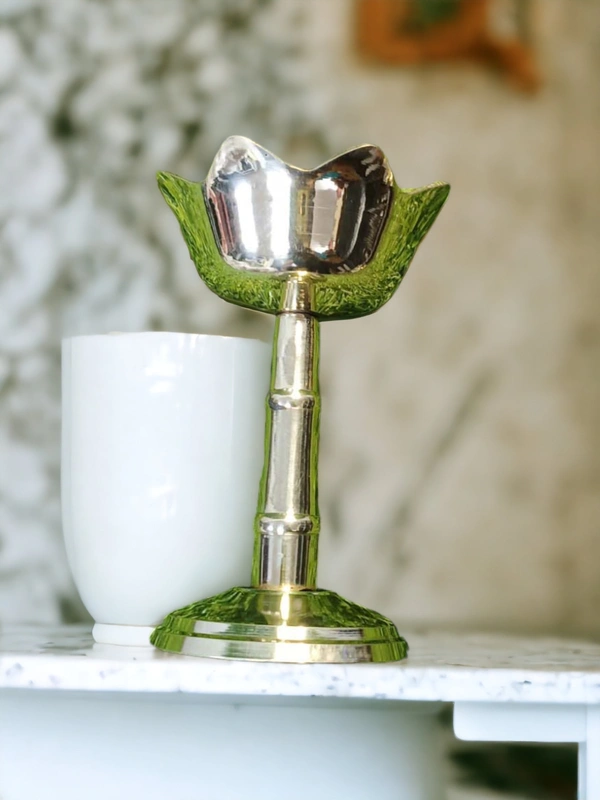 Sold By ZAIN R CREATION Decorative Lotus Stand Diya - H.4.5'' Dia.3'' B.2.5'', Brass