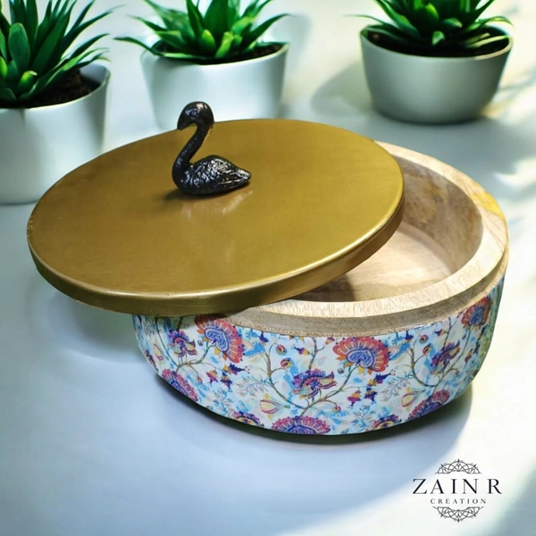 Sold By ZAIN R CREATION Roti Box - Dia.8'' H.2.5'', Enamel Coated, Wooden