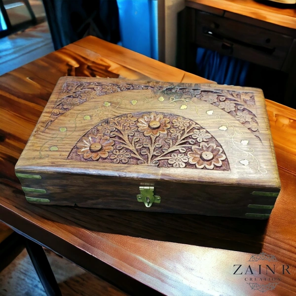 Sold By ZAIN R CREATION Jewellery Box Carving with Brass Inlay - L.10'' W.6'' H.2.5''