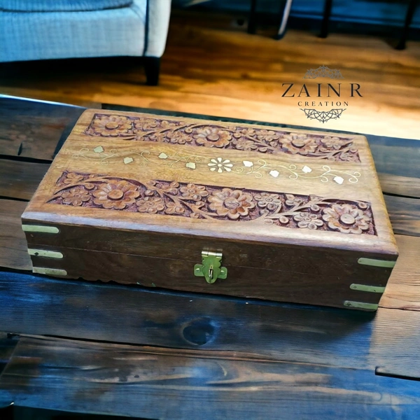 Sold By ZAIN R CREATION Jewellery Box Carving with Brass Inlay - L.10'' W.6'' H.2.5''