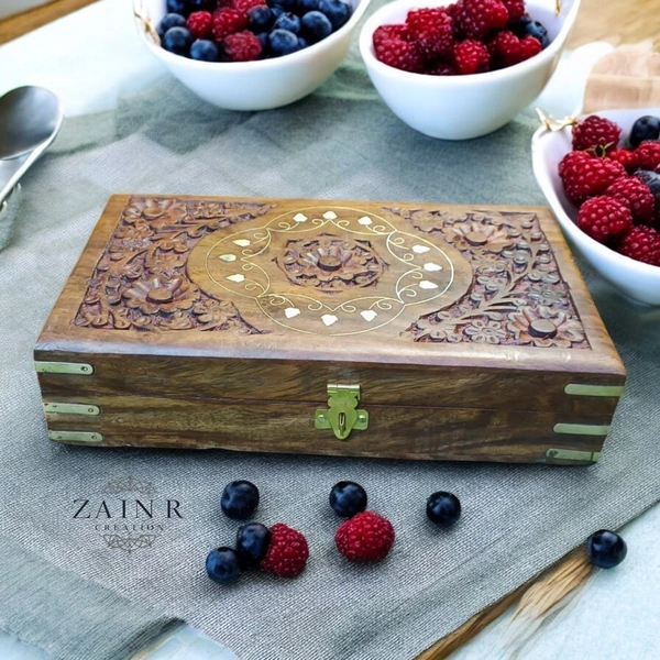 Sold By ZAIN R CREATION Jewellery Box Carving with Brass Inlay - L.10'' W.6'' H.2.5''