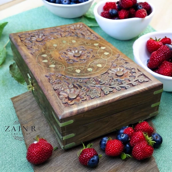 Sold By ZAIN R CREATION Jewellery Box Carving with Brass Inlay - L.10'' W.6'' H.2.5''
