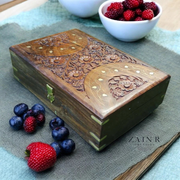 Sold By ZAIN R CREATION Jewellery Box Carving with Brass Inlay - L.12'' W.8'' H.3.5''