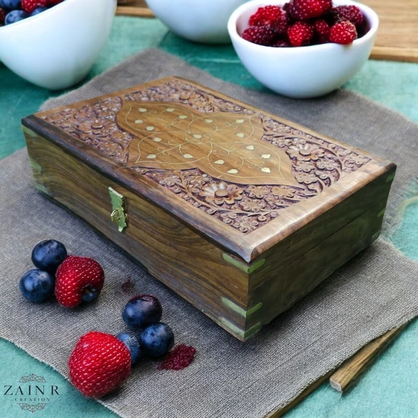 Sold By ZAIN R CREATION Jewellery Box Carving with Brass Inlay - L.12'' W.8'' H.3.5''
