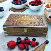 Sold By ZAIN R CREATION Jewellery Box Carving with Brass Inlay - L.12'' W.8'' H.3.5''