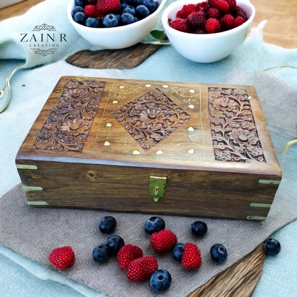 Sold By ZAIN R CREATION Jewellery Box Carving with Brass Inlay - L.12'' W.8'' H.3.5''