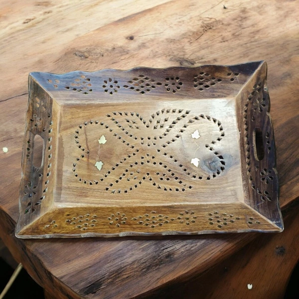 Sold By ZAIN R CREATION Tray Brass Inlay - L.12.5'' W.9'' H.1.5'', Natural Polish, Wooden