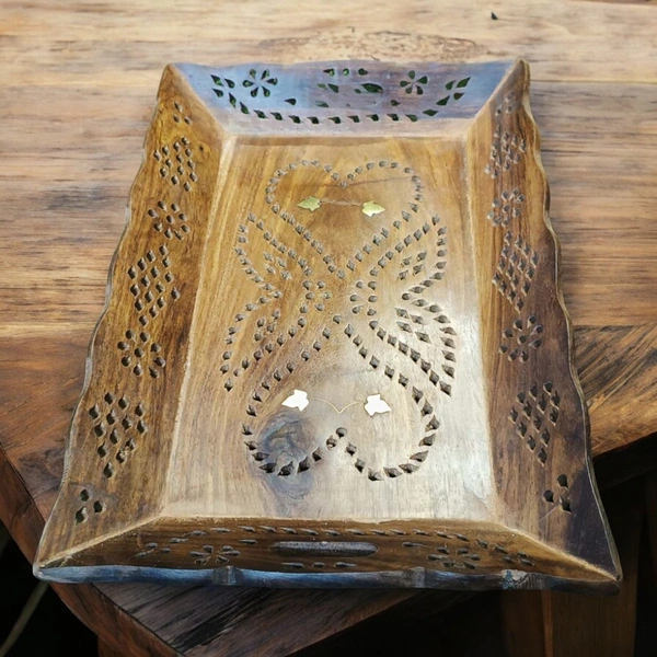 Sold By ZAIN R CREATION Tray Brass Inlay - L.12.5'' W.9'' H.1.5'', Natural Polish, Wooden