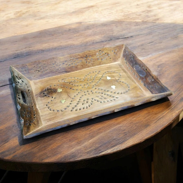 Sold By ZAIN R CREATION Tray Brass Inlay - L.12.5'' W.9'' H.1.5'', Natural Polish, Wooden