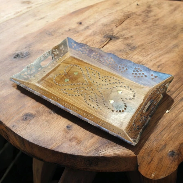 Sold By ZAIN R CREATION Tray Brass Inlay - L.12.5'' W.9'' H.1.5'', Natural Polish, Wooden