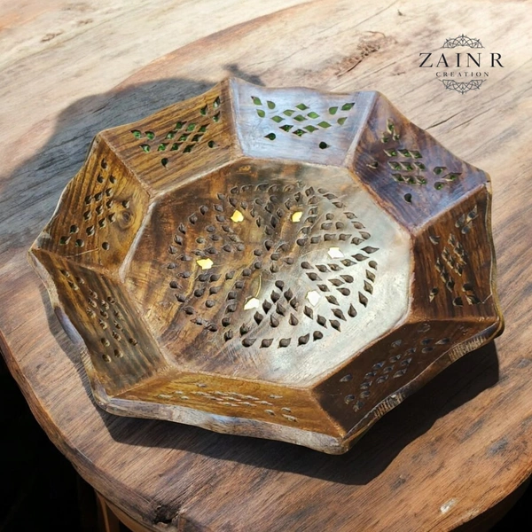 Sold By ZAIN R CREATION Tray Brass Inlay Hexagonal - Dia.9.5'' H.1.5'', Natural Polish, Wooden