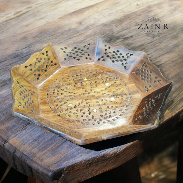 Sold By ZAIN R CREATION Tray Brass Inlay Hexagonal - Dia.11'' H.1.5'', Natural Polish, Wooden