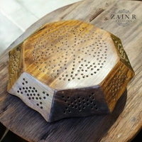 Sold By ZAIN R CREATION Tray Brass Inlay Hexagonal - Dia.11'' H.1.5'', Natural Polish, Wooden