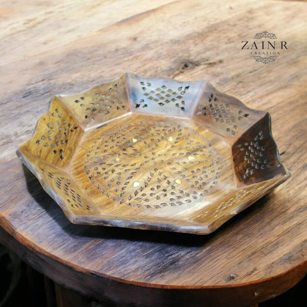 Sold By ZAIN R CREATION Tray Brass Inlay Hexagonal - Dia.11'' H.1.5'', Natural Polish, Wooden