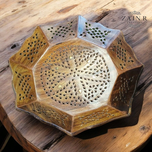 Sold By ZAIN R CREATION Tray Brass Inlay Hexagonal - Dia.12'' H.1.5'', Natural Polish, Wooden