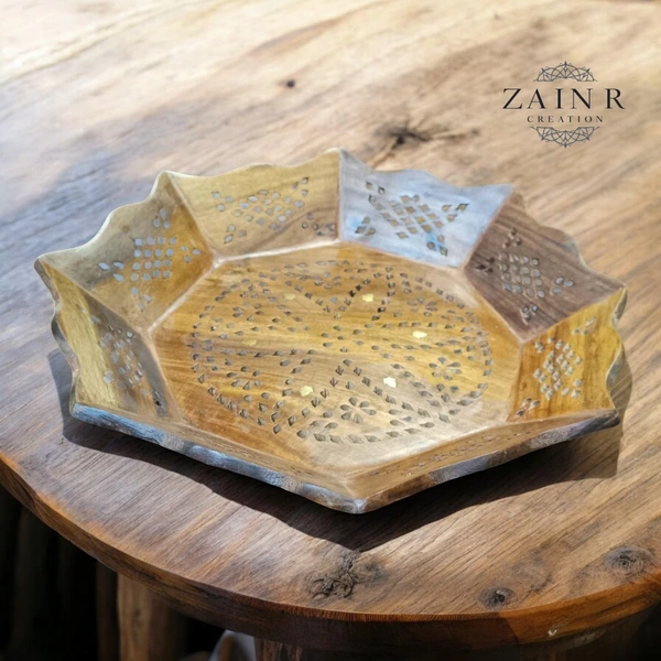 Sold By ZAIN R CREATION Tray Brass Inlay Hexagonal - Dia.12'' H.1.5'', Natural Polish, Wooden