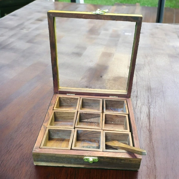Sold By ZAIN R CREATION Spice Box with Spoon - L.8'' W.8'' H.2.5''