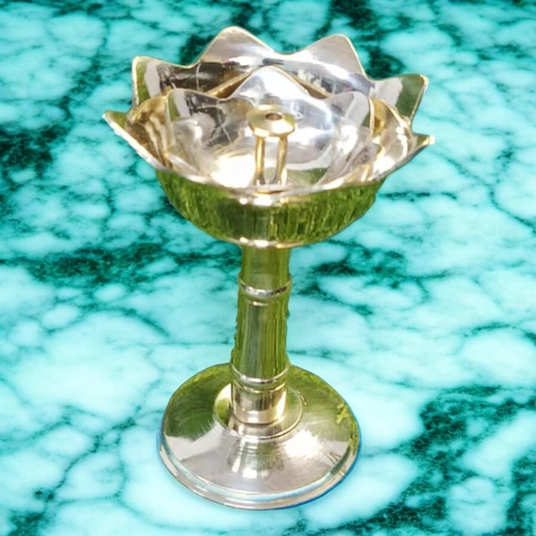 Sold By ZAIN R CREATION Decorative Lotus Stand Diya - H.4.5'' Dia.3'' B.2.5'', Brass