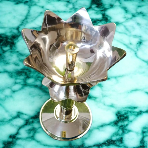Sold By ZAIN R CREATION Decorative Lotus Diya - H.4.5'' Dia.3'' B.2.5'', Brass