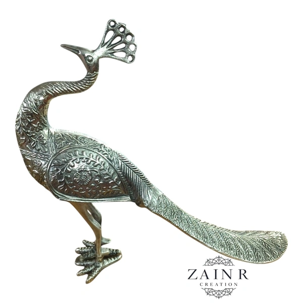 Sold By ZAIN R CREATION Decorative Peacock Sculptures - L.16'' H.15'' W.4'', Nickel, Aluminium